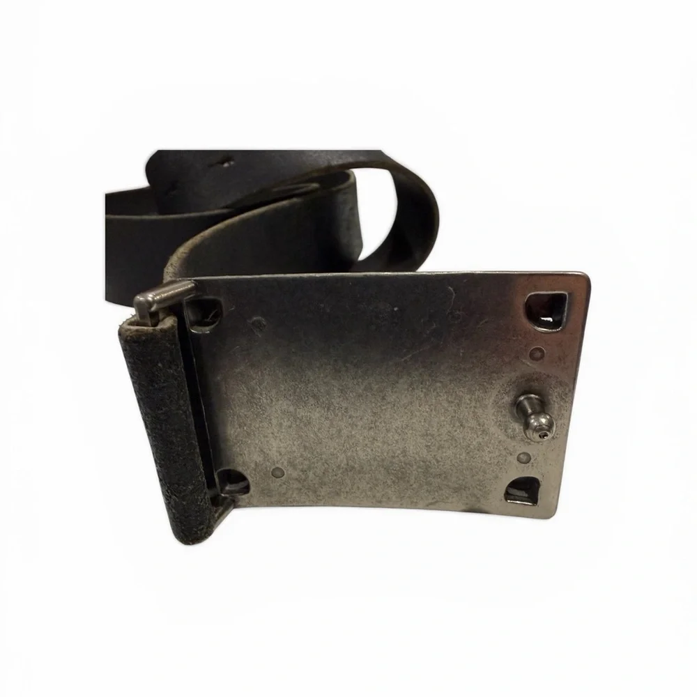 Vintage Aviator Black Leather Belt with Silver Plate Buckle